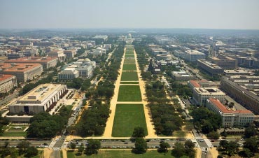 United States Capitol Building and National Mall, bird's eye viewed from the top of Washington Monument in Washington DC, USA.